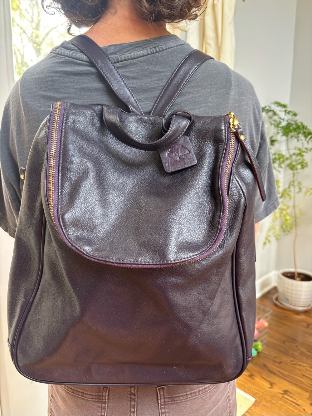 Levenger Plum Leather Backpack with Gold tone hardware